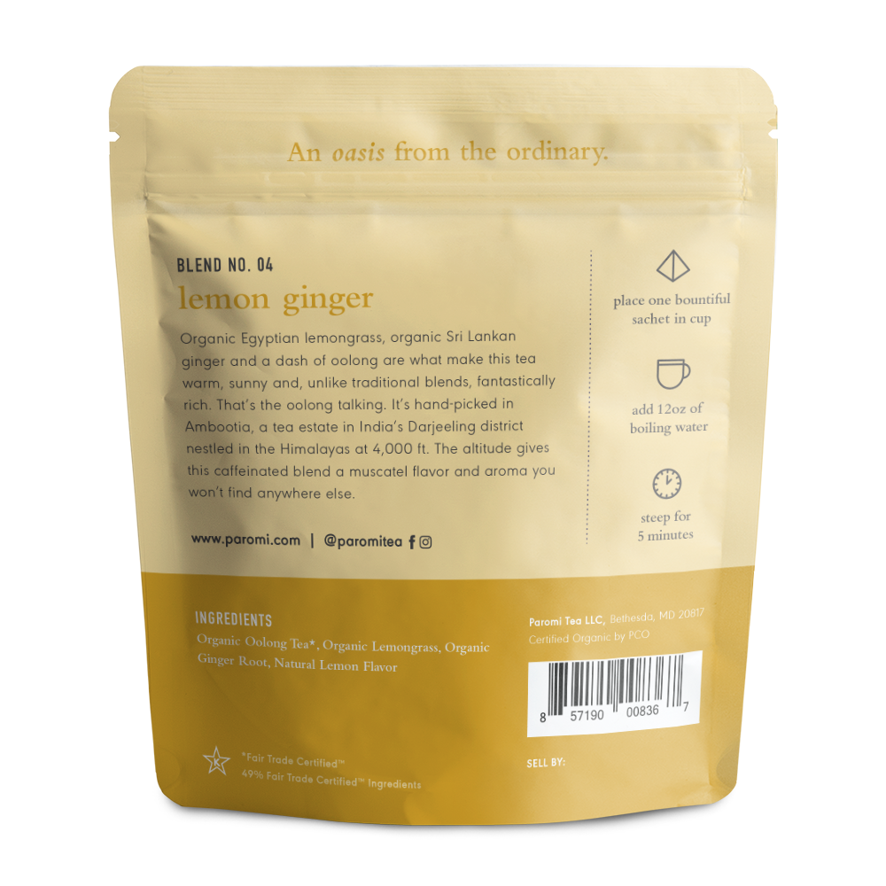 Organic Lemon Ginger Oolong Tea, Full Leaf, in Pyramid Tea Bags