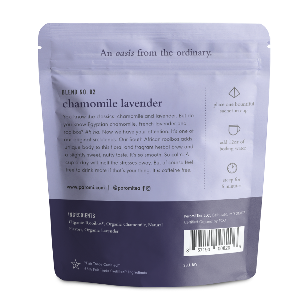 Organic Chamomile Lavender Rooibos Tea, Caffeine Free, in Pyramid Tea Bags