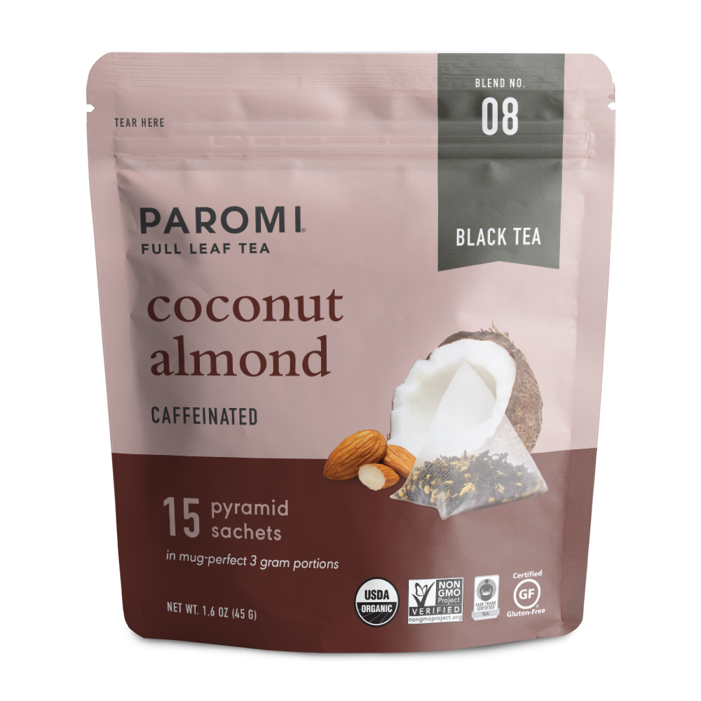 Organic Coconut Almond Black Tea, Full Leaf, in Pyramid Tea Bags