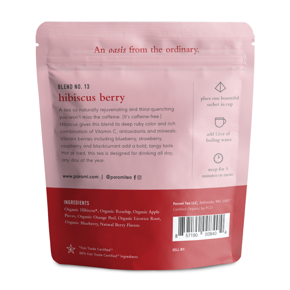Organic Hibiscus Berry Herbal Tea, Caffeine Free, in Pyramid Tea Bags