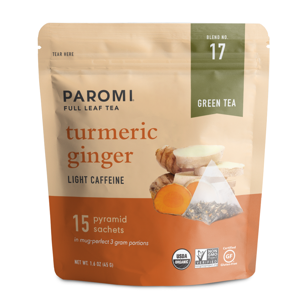 Organic Turmeric Ginger Green Tea, Full Leaf, in Pyramid Tea Bags